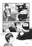  black_and_white blush comic dragon english_text eye_contact feral greyscale hair hiccup hiccup_(httyd) how_to_train_your_dragon human lando looking_at_each_other male mammal monochrome night_fury scalie text the_devil_you_know toothless wings 
