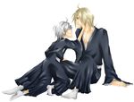  2boys bleach blonde_hair blue_eyes blush caress closed_eyes eyes_closed grin ichimaru_gin japanese_clothes kira_izuru multiple_boys silver_hair smile trap 