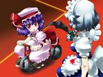  bat_wings blood bloody_clothes blue_dress blue_hair blush braid child dress fang ground_vehicle hat izayoi_sakuya maid multiple_girls open_mouth pink_dress raionsan red_eyes remilia_scarlet silver_hair touhou tricycle wings 