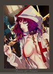  between_breasts breasts choker church dual_wielding green_eyes hair_ornament holding hood inugami_mokekiyo large_breasts midriff no_bra nun open_clothes open_robe original purple_hair robe solo sword tattoo weapon 