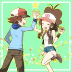  bad_anatomy baseball_cap black_(pokemon) blush boots breasts brown_hair cleavage closed_eyes eyes_closed hat high_five jacket long_hair open_mouth poke_ball pokeball pokemon pokemon_(game) pokemon_black_and_white pokemon_bw ponytail short_hair shorts touko_(pokemon) touya_(pokemon) vest white_(pokemon) 