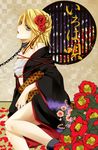  ankle_cuffs aqua_eyes asa_no_ha_(pattern) bad_id bad_pixiv_id blonde_hair chain collar flower hair_flower hair_ornament iroha_uta_(vocaloid) japanese_clothes kagamine_rin kimono rico_(fbn3) sarashi short_hair solo vocaloid 