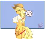  anthro anthrofied apple applejack_(mlp) big_breasts blonde_hair breasts butt cutie_mark english_text equine female friendship_is_magic fruit gloves green_eyes hair hat horse looking_at_viewer mammal muffinspoo my_little_pony panties panty_pull pony solo tail text underwear 