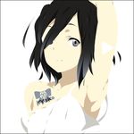  arm_up armpits black_eyes black_hair bow character_name extra face flower hair_over_one_eye k-on! light_smile lowres mizuki_makoto shimizu_kyouko short_hair smile solo strap_slip tattoo triangle 