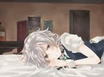  alcohol bed bed_sheet blue_eyes blush bottle bow braid brooch chair daina_(encore62) glass hair_bow indoors izayoi_sakuya jewelry looking_at_viewer lying maid maid_headdress on_stomach short_hair silver_hair smile solo table touhou twin_braids whiskey wrist_cuffs 