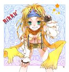  al_bhed_eyes bad_id bad_pixiv_id bikini_top blonde_hair blue_headband braid character_name detached_sleeves final_fantasy final_fantasy_x final_fantasy_x-2 fingerless_gloves gloves green_eyes headband leaning_forward long_hair rikku scarf smile solo toujou_sakana 