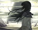  akemi_homura bad_id bad_pixiv_id black_hair cloud floating_hair from_behind hairband kriemhild_gretchen kusano_houki long_hair magical_girl mahou_shoujo_madoka_magica ruins shield solo spoilers wind 