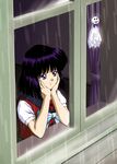  bishoujo_senshi_sailor_moon black_hair blue_bow bow from_outside hino_ryutaro mugen_gakuen_school_uniform purple_eyes rain school_uniform serafuku short_hair solo star striped striped_bow teruterubouzu tomoe_hotaru window 