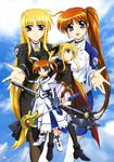  absurdres bardiche belt black_legwear black_ribbon blonde_hair cape covered_navel dual_persona fate_testarossa fingerless_gloves gloves hair_ornament hair_ribbon highres holding holding_weapon long_hair looking_at_viewer low-tied_long_hair lyrical_nanoha magical_girl mahou_shoujo_lyrical_nanoha mahou_shoujo_lyrical_nanoha_strikers mahou_shoujo_lyrical_nanoha_the_movie_1st military military_uniform multiple_girls older open_mouth pantyhose pleated_skirt purple_eyes raising_heart red_eyes red_hair ribbon side_ponytail skirt takamachi_nanoha thighhighs tsab_air_military_uniform tsab_executive_military_uniform uniform very_long_hair weapon white_ribbon white_skirt wky younger 