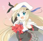  blonde_hair blue_eyes bow cape fang hat hayato_(meromoni) little_busters! long_hair noumi_kudryavka pink_bow plaid plaid_skirt school_uniform skirt solo 