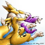  2001 blue_eyes butt canine chest_tuft claws digimon elbow_gloves face_markings female fox karabiner leg_markings renamon sitting solo tail under_boob yellow 