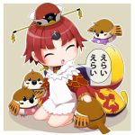  1girl ^_^ animal apron bangs benienma_(fate/grand_order) bird chibi closed_eyes eyebrows_visible_through_hair eyes_closed fate/grand_order fate_(series) full_body hat hinotama_(hinotama422) japanese_clothes long_sleeves no_nose open_mouth outline red_hair short_hair sitting sparrow speech_bubble wariza white_apron white_outline wide_sleeves 