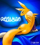  background_pattern blue_eyes canine digimon female fox gloves j_fujita looking_at_viewer renamon sitting soft solo tail yellow 