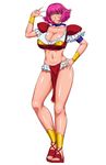  ;) ameoto bangs blush bracer breasts cala choker cleavage closed_mouth collarbone commentary_request crop_top elf full_body green_eyes large_breasts loincloth looking_at_viewer one_eye_closed pink_hair pointy_ears ribbon_choker shiny shiny_skin short_hair shoulder_pads simple_background smile solo standing v viper viper_rsr white_background 