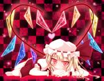  blonde_hair blush bow checkered checkered_background dress flandre_scarlet hat hat_bow heart heart_wings jitome lying on_stomach razy_(skuroko) red_eyes short_hair smile solo touhou wings 