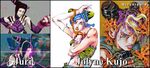  araki_hirohiko bellybutton blue_hair capcom character_name comparison double_bun han_juri jojo_no_kimyou_na_bouken kujo_jolyne kuujou_jolyne midriff navel stone_ocean street_fighter street_fighter_iv two-tone_hair 