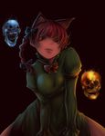  animal_ears bad_id bad_pixiv_id blue_fire bow braid cat_ears dress fire hair_bow hair_ornament kaenbyou_rin kirieppa looking_at_viewer naughty_face open_mouth red_eyes red_hair skull smile solo spread_legs touhou twin_braids twintails 