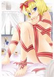  aldehyde alice_margatroid bad_feet bad_id bad_pixiv_id barefoot blonde_hair blue_eyes blush breasts curtains doll hairband highres naked_ribbon nude ribbon shanghai_doll short_hair sitting small_breasts solo touhou window 