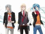  afuro_terumi androgynous bad_id bad_pixiv_id blonde_hair coat denim grey_hair hair_over_one_eye headphones inazuma_eleven inazuma_eleven_(series) jacket jeans kazemaru_ichirouta long_hair male_focus multiple_boys pants red_eyes robinexile sakuma_jirou scarf 