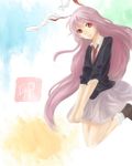  animal_ears blazer bunny_ears head_tilt jacket jumping kotaro-nosuke long_hair miniskirt necktie purple_hair red_eyes reisen_udongein_inaba skirt skirt_tug sleeves_pushed_up smile solo touhou very_long_hair 