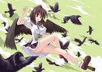 bird brown_hair crow geta legs looking_at_viewer red_eyes shameimaru_aya smile solo tengu-geta toshihiro touhou wings 