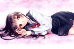  bangs black_hair black_skirt brown_eyes cherry_blossoms cowboy_shot long_hair long_sleeves looking_at_viewer lying mizunomoto neckerchief on_side original parted_lips petals pleated_skirt red_neckwear school_uniform serafuku skirt solo 