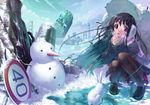  bad_id bad_pixiv_id blush breath brown_hair bunny coat earmuffs highres loafers long_hair original pantyhose pink_scarf plaid plaid_scarf red_eyes road_sign ruins scarf shoes shounen_democratica sign signature skirt snow snowman solo squatting stop_sign winter_clothes 