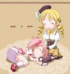  blonde_hair boots bow closed_eyes detached_sleeves drill_hair fingerless_gloves gloves hair_bow hand_on_another's_head hat hatomugi_(mamotan) kaname_madoka knee_boots kneehighs lap_pillow mahou_shoujo_madoka_magica multiple_girls pink_hair seiza short_hair short_twintails sitting skirt thighhighs tomoe_mami twin_drills twintails 
