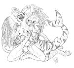  anthro avian breasts duo female fingering fish from_behind goldenfox greyscale grope gryphon hybrid lesbian marine masturbation monochrome nipples nude one_eye_closed plain_background pussy sex shark sketch vaginal white_background wings 