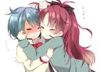  bad_id bad_pixiv_id blush casual cheek-to-cheek closed_eyes food hair_pull hug mahou_shoujo_madoka_magica miki_sayaka mitakihara_school_uniform multiple_girls pocky ponytail pun2 sakura_kyouko school_uniform smile tears yuri 