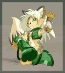  2005 bell boots breasts canine collar cute elbow_bads elbow_gloves female fox gloves green_eyes hair long_hair long_white_hair markings open_shirt piercing sitting soft solo spots tail tan unknown_artist white_hair 
