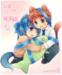  2boys amuro_ray animal_ears blue_eyes blue_hair blush brown_hair cat cat_ears cat_tail fish gundam holding kamille_bidan mobile_suit_gundam multiple_boys necktie neko open_mouth ribbon tail zeta_gundam 