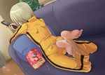  aasara ass barefoot bodysuit bruce_lee's_jumpsuit chips controller couch dutch_angle feet food from_behind green_hair huang_baoling jumpsuit lying on_stomach orange_bodysuit pillow potato_chips remote_control short_hair soles solo tiger_&amp;_bunny toes 