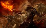  armor battle charr epic fierce fire flag guild_wars helm helmet horns male official_art sword tongue war warrior weapon 