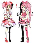  2girls blue_eyes bow brooch bubble_skirt cat choker color_connection creature crossover cure_melody curly_hair dress full_body hair_ribbon heart houjou_hibiki hummy_(suite_precure) jewelry kaname_madoka kneehighs kyubey long_hair look-alike m-minato magical_girl mahou_shoujo_madoka_magica midriff multiple_girls navel pink_bow pink_choker pink_hair precure puffy_sleeves red_choker red_eyes ribbon shoes short_hair short_twintails simple_background skirt suite_precure thighhighs twintails wrist_cuffs zettai_ryouiki 