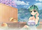  bad_id bad_pixiv_id cherry_blossoms frog green_eyes green_hair hair_ornament highres kochiya_sanae long_hair naked_towel onsen pyonta runa7 solo touhou towel 