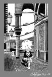  black_and_white blouse bookbag cat detailed_background dress emily_ryan feline female greyscale line_art looking_at_viewer mammal monochrome paving_stone skirt solo street_lamp street_scene streetlight venice 