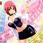  absurdres artist_request bow bowtie breasts card cleavage croupier green_eyes highres holding holding_card large_breasts miniskirt pencil_skirt pink_hair playing_card_theme rio_rollins short_hair skirt smile solo super_blackjack 