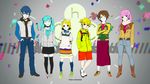  4girls aqua_eyes blonde_hair blue_eyes boots brown_eyes brown_hair casual contemporary hair_ornament hair_ribbon hairclip hatsune_miku highres hood hoodie kagamine_len kagamine_rin kaito long_hair megurine_luka meiko multiple_boys multiple_girls nagimiso pink_hair ribbon short_hair shorts skirt smile thighhighs twintails vocaloid 