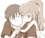  1girl aisaka_taiga blush casual dress feeding food hug long_hair monochrome ponytail popsicle shirotaka_(shirotaka) short_hair takasu_ryuuji toradora! 