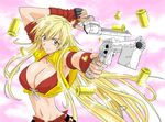  armband blonde_hair breasts cleavage dual_wielding earrings fingerless_gloves front-tie_top gloves grenadier gun handgun holding jewelry kaise_sousuke large_breasts long_hair midriff navel revolver shell_casing smirk solo sparkle tendou_rushuna very_long_hair weapon yellow_eyes 