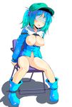  bdsm blindfold blue_hair blush bondage boots bottomless bound breasts chair facing_viewer gradient_hair hair_bobbles hair_ornament hat highres kawashiro_nitori large_breasts multicolored_hair nipples open_clothes open_mouth open_shirt pussy shirt short_hair solo sw touhou twintails two_side_up unbuttoned 