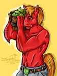  anthro anthrofied apple belt belt_buckle big_macintosh_(mlp) bucket draft_horse equine friendship_is_magic fruit green_eyes hair horse jeans male mammal my_little_pony orange_hair pony red_body solo topless zombie_princess 