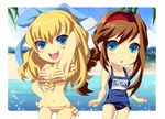  :d aqua_eyes arm_behind_back beach bikini blonde_hair blue_eyes blush braid breasts brown_hair day enoo hair_ribbon hairband happy long_hair maya_schrodinger midriff multiple_girls navel one-piece_swimsuit open_mouth outdoors red_hairband ribbon school_swimsuit side-tie_bikini sidelocks sky small_breasts smile sparkle striped striped_bikini striped_swimsuit swimsuit virginia_maxwell water wild_arms wild_arms_3 