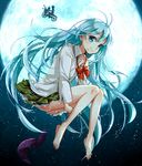  1girl ahoge bare_legs barefoot bicycle blue_eyes blue_hair denpa_onna_to_seishun_otoko e.t. flying food food_on_face full_moon ground_vehicle hair_ornament hairclip in_basket leg_hug legs long_hair miniskirt moon night niwa_makoto parody plaid pleated_skirt school_uniform silhouette skirt thighs touwa_erio very_long_hair yuzuki_kihiro 