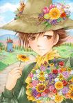  bouquet brown_eyes brown_hair dark-persian day flower hat hat_flower male_focus marker_(medium) md5_mismatch moomin rose scarf signature sky snufkin solo sunflower traditional_media tulip upper_body 