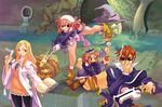  3girls alouette_(la_pucelle) blonde_hair book braid brown_eyes cigarette croix_raoul culotte dress everyone fighting food ghost_(la_pucelle) gloves gun hat in_the_face jewelry kicking la_pucelle legs long_hair monster multiple_girls official_art pantyhose pink_hair prier pumpkin_(la_pucelle) red_hair ryoji_(nomura_ryouji) smoking sunglasses thick_thighs thighs water weapon 