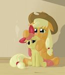  applebloom_(mlp) applejack_(mlp) blonde_hair bow crying cub cute equine female feral friendship_is_magic hair hat horse jakneurotic mammal my_little_pony pink_hair pony sibling young 