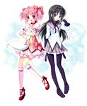  akemi_homura animal animal_hug black_hair blue_eyes bubble_skirt futaori_arisa hairband highres kaname_madoka kyubey long_hair looking_at_viewer magical_girl mahou_shoujo_madoka_magica multiple_girls open_mouth pantyhose pink_eyes pink_hair purple_skirt shoes short_hair short_twintails simple_background skirt smile standing twintails 