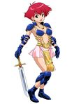  armor armored_dress bikini_armor boots character_request copyright_request earrings fantasy gauntlets jewelry purple_eyes red_hair ryumage short_hair skirt solo sword weapon 